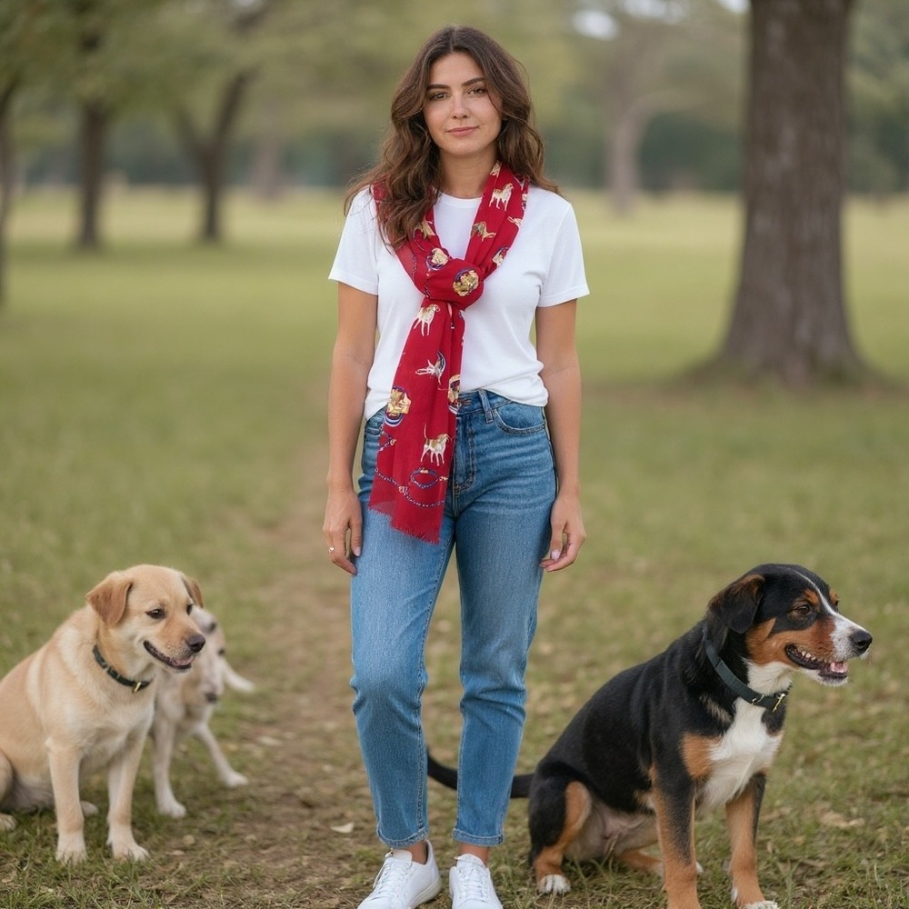 Womens Red Dog Print Rectangular Scarf Novelty‎ Puppy Pattern Sheer Lightweight